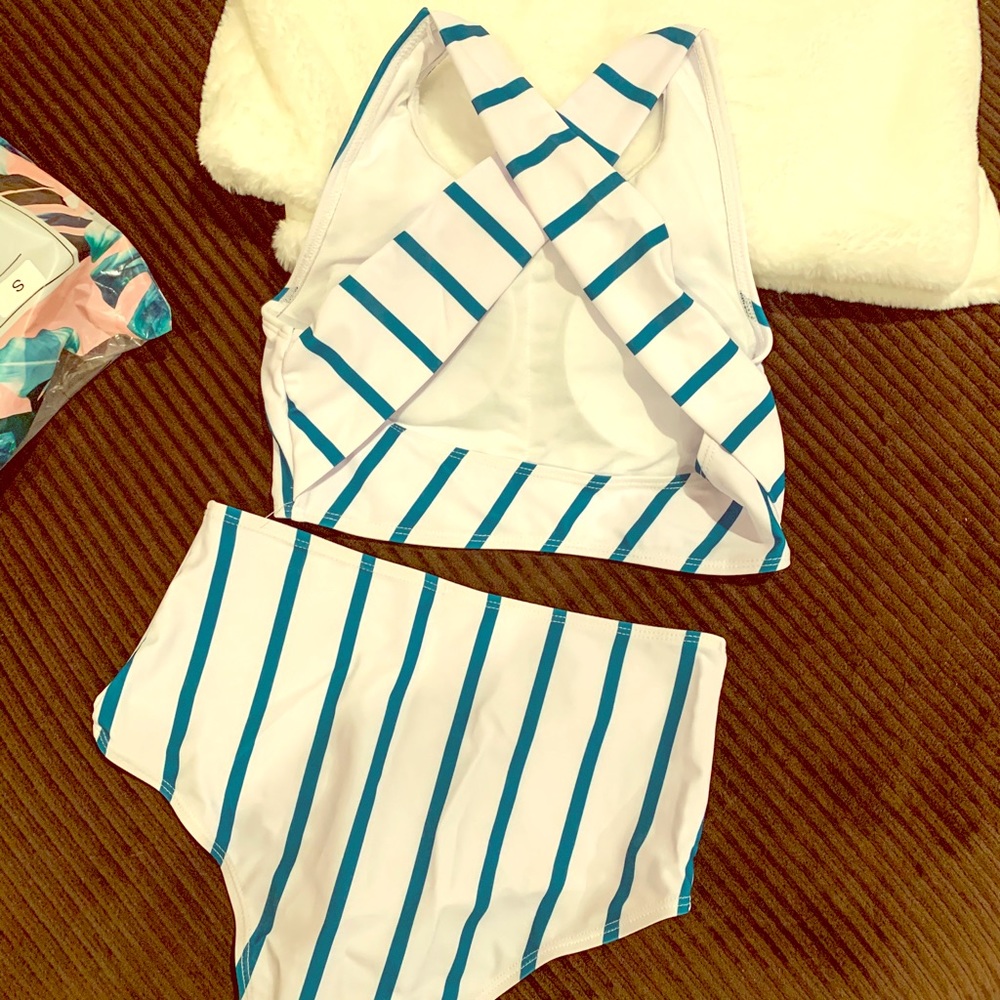 SHEIN high waisted white & teal bathing suit